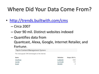 Where Did Your Data Come From?
• http://trends.builtwith.com/cms
  – Circa 2007
  – Over 90 mil. Distinct websites indexed
  – Quantifies data from
    Quantcast, Alexa, Google, Internet Retailer, and
    Fortune.
 