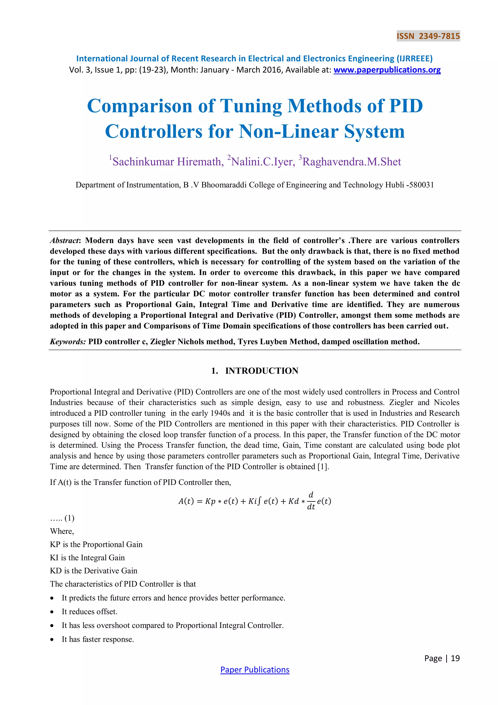 Comparison of Tuning Methods of PID Controllers for Non-Linear System ...