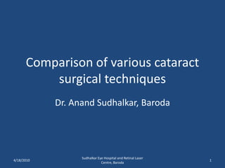 Comparison of various cataract surgical techniques Dr. AnandSudhalkar, Baroda 2/19/2010 Sudhalkar Eye Hospital and Retinal Laser Centre, Baroda 1 