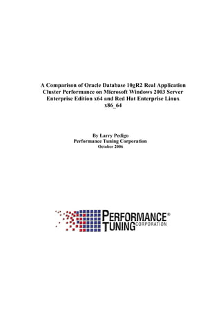 A Comparison of Oracle Database 10gR2 Real Application
Cluster Performance on Microsoft Windows 2003 Server
Enterprise Edition x64 and Red Hat Enterprise Linux
x86_64
By Larry Pedigo
Performance Tuning Corporation
October 2006
 