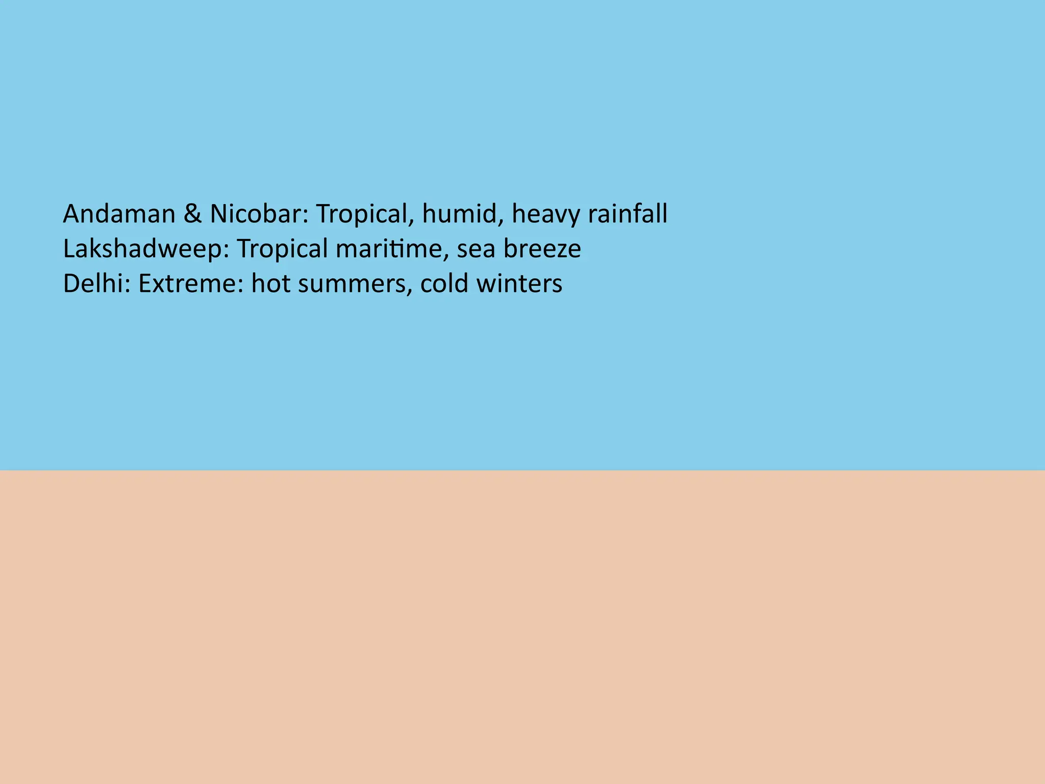 Comparison: Climate
Andaman & Nicobar: Tropical, humid, heavy rainfall
Lakshadweep: Tropical maritime, sea breeze
Delhi: Extreme: hot summers, cold winters
 