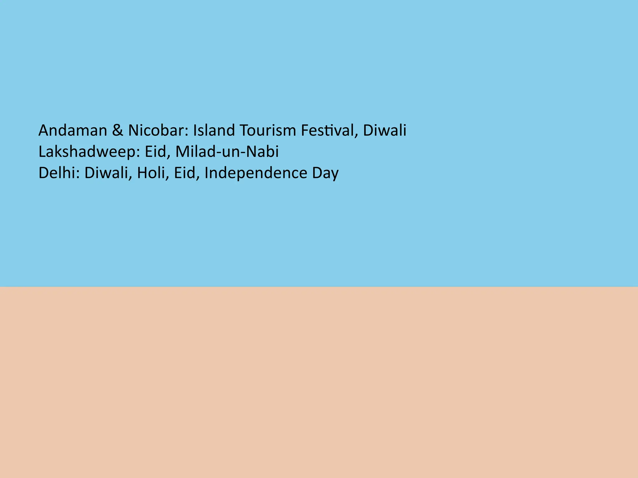 Comparison: Festivals
Andaman & Nicobar: Island Tourism Festival, Diwali
Lakshadweep: Eid, Milad-un-Nabi
Delhi: Diwali, Holi, Eid, Independence Day
 