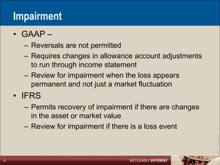 Impairment
     • GAAP –
       – Reversals are not permitted
       – Requires changes in allowance account adjustments
         to run through income statement
       – Review for impairment when the loss appears
         permanent and not just a market fluctuation
     • IFRS
       – Permits recovery of impairment if there are changes
         in the asset or market value
       – Review for impairment if there is a loss event




                                                               ©2011 LarsonAllen LLP
25
 