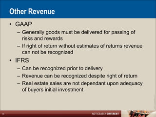 Other Revenue
     • GAAP
       – Generally goods must be delivered for passing of
         risks and rewards
       – If right of return without estimates of returns revenue
         can not be recognized
     • IFRS
       – Can be recognized prior to delivery
       – Revenue can be recognized despite right of return
       – Real estate sales are not dependant upon adequacy
         of buyers initial investment




                                                                   ©2011 LarsonAllen LLP
33
 