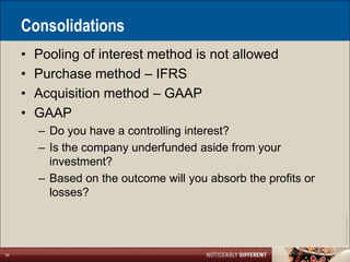 Consolidations
     •   Pooling of interest method is not allowed
     •   Purchase method – IFRS
     •   Acquisition method – GAAP
     •   GAAP
         – Do you have a controlling interest?
         – Is the company underfunded aside from your
           investment?
         – Based on the outcome will you absorb the profits or
           losses?




                                                                 ©2011 LarsonAllen LLP
34
 