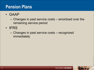 Pension Plans
     • GAAP
       – Changes in past service costs – amortized over the
         remaining service period
     • IFRS
       – Changes in past service costs – recognized
         immediately




                                                              ©2011 LarsonAllen LLP
37
 