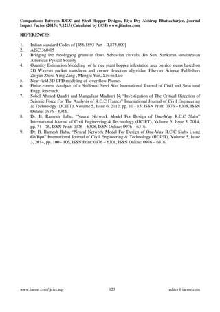 Comparisons Between R.C.C and Steel Hopper Designs, Riya Dey Abhirup Bhattacharjee, Journal
Impact Factor (2015): 9.1215 (Calculated by GISI) www.jifactor.com
www.iaeme.com/ijciet.asp 123 editor@iaeme.com
REFERENCES
1. Indian standard Codes of [456,1893 Part - II,875,800]
2. AISC 360-05
3. Bridging the rheologyog granular flows Sebastian chivalo, Jin Sun, Sankaran sundareasan
American Pysical Soceity
4. Quantity Estimation Modeling of hr rice plant hopper infestation area on rice stems based on
2D Wavelet packet transform and corner detection algorithm Elsevier Science Publishers
Zhiyan Zhou, Ying Zang , Menglu Yan, Xiwen Luo
5. Near field 3D CFD modeling of over flow Plumes
6. Finite elment Analysis of a Stiffened Steel Silo International Journal of Civil and Structural
Engg. Research.
7. Sohel Ahmed Quadri and Mangulkar Madhuri N, “Investigation of The Critical Direction of
Seismic Force For The Analysis of R.C.C Frames” International Journal of Civil Engineering
& Technology (IJCIET), Volume 5, Issue 6, 2012, pp. 10 - 15, ISSN Print: 0976 – 6308, ISSN
Online: 0976 – 6316.
8. Dr. B. Ramesh Babu, “Neural Network Model For Design of One-Way R.C.C Slabs”
International Journal of Civil Engineering & Technology (IJCIET), Volume 5, Issue 3, 2014,
pp. 71 - 76, ISSN Print: 0976 – 6308, ISSN Online: 0976 – 6316.
9. Dr. B. Ramesh Babu, “Neural Network Model For Design of One-Way R.C.C Slabs Using
Ga/Bpn” International Journal of Civil Engineering & Technology (IJCIET), Volume 5, Issue
3, 2014, pp. 100 - 106, ISSN Print: 0976 – 6308, ISSN Online: 0976 – 6316.
 