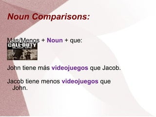Noun Comparisons: M á s/Menos + Noun + que: John tiene m á s videojuegos que Jacob. Jacob tiene menos videojuegos que John.