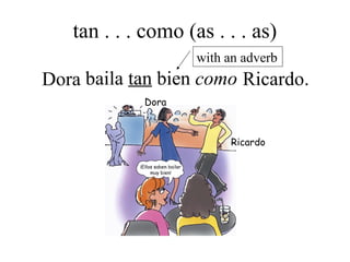 baila tan bien comoDora Ricardo.
with an adverb
tan . . . como (as . . . as)
Dora
Ricardo
 