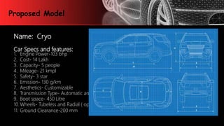 Proposed Model
Name: Cryo
Car Specs and features:
1. Engine Power-103 bhp
2. Cost- 14 Lakh
3. Capacity- 5 people
4. Mileage- 21 kmpl
5. Safety- 3 star
6. Emission- 130 g/km
7. Aesthetics- Customizable
8. Transmission Type- Automatic and Manual
9. Boot space- 450 Litre
10. Wheels- Tubeless and Radial ( optional)
11. Ground Clearance-200 mm
 