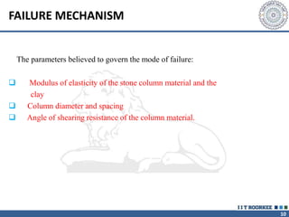 10
FAILURE MECHANISM
The parameters believed to govern the mode of failure:
 Modulus of elasticity of the stone column material and the
clay
 Column diameter and spacing
 Angle of shearing resistance of the column material.
 
