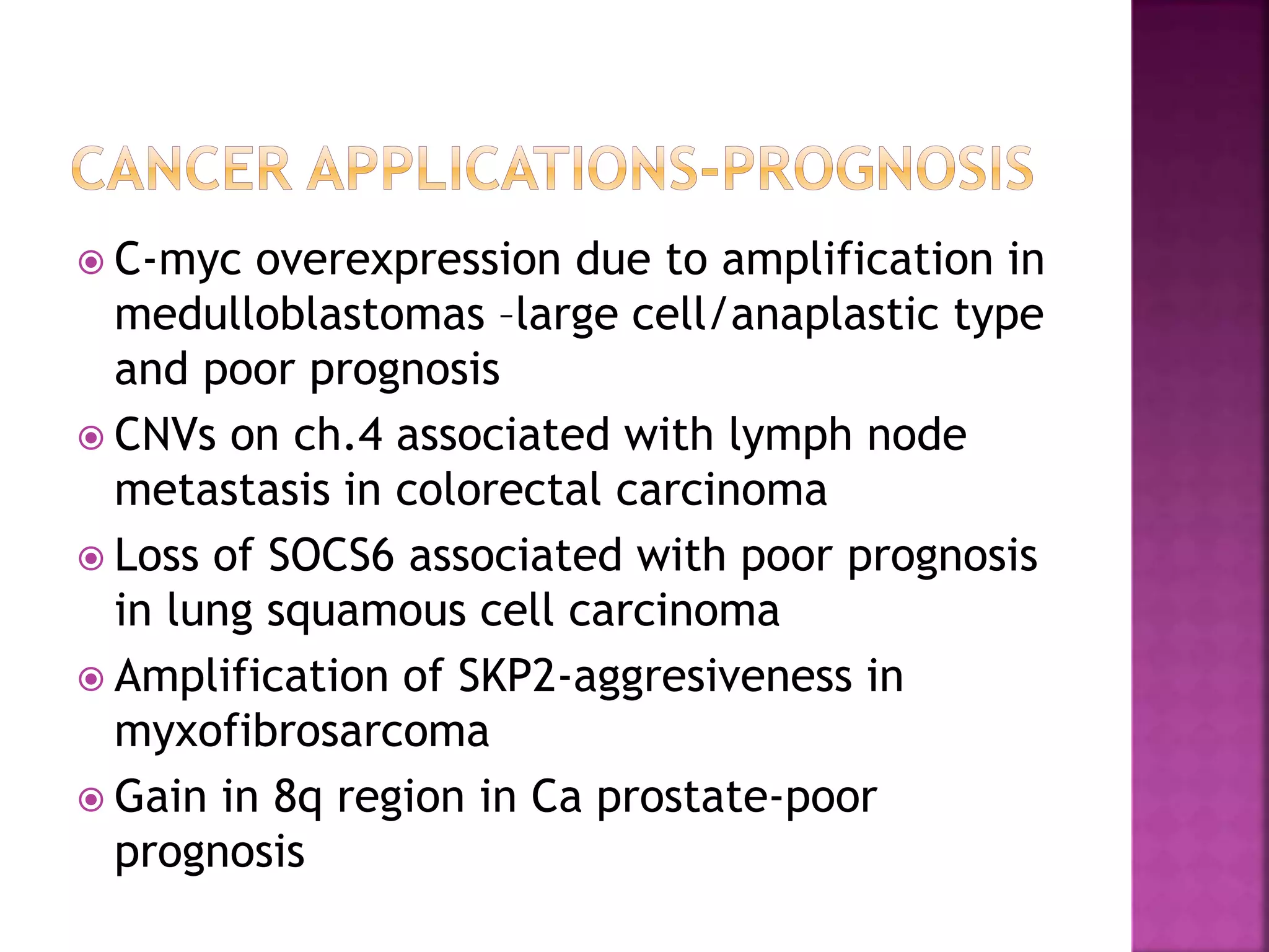  C-myc overexpression due to amplification in
medulloblastomas –large cell/anaplastic type
and poor prognosis
 CNVs on ch.4 associated with lymph node
metastasis in colorectal carcinoma
 Loss of SOCS6 associated with poor prognosis
in lung squamous cell carcinoma
 Amplification of SKP2-aggresiveness in
myxofibrosarcoma
 Gain in 8q region in Ca prostate-poor
prognosis
 