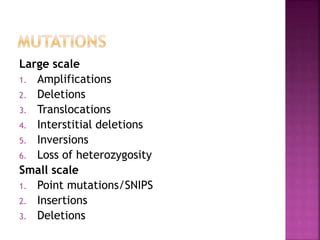 Large scale
1. Amplifications
2. Deletions
3. Translocations
4. Interstitial deletions
5. Inversions
6. Loss of heterozygosity
Small scale
1. Point mutations/SNIPS
2. Insertions
3. Deletions
 