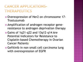  Overexpression of Her2 on chromosome 17-
Trastuzumab
 Amplification of androgen receptor gene-
resistance to androgen deprivation therapy
 Gains of 1q21–q22 and 13q12–q14 Are
Potential Indicators for Resistance to
Cisplatin-based Chemotherapy in Ovarian
Cancer Patients1
 Gefitinib in non small cell carcinoma lung
with overexpression of EGFR
 
