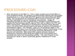  After extraction of test DNA (i.e. from a tumor sample) and normal DNA (i.e.
from peripheral blood), the samples are differentially labeled with discernable
fluorochromes (i.e. tumor DNA with FITC [green] and control DNA with TRITC
[red]). The two genomes are combined with an excess of human Cot-1 DNA
and then hybridized to normal metaphase chromosomes . Images of
metaphase spreads are then acquired with a (charged coupled device) CCD
camera and fluorochrome-specific optical filter sets to capture the FITC and
TRITC fluorescence . Differences in fluorescence intensity values between
tumor and control DNA represent gains and losses of specific chromosomes or
chromosomal regions . For example, a gain of a chromosomal region in the
test sample would result in an increased intensity of green fluorescence. A loss
within a chromosomal region in the tumor would be indicated by a shift
towards red intensities. Specialized CGH analysis software measures
fluorescence intensity values along the length of the chromosomes and
translates the ratios into chromosome profiles . The ratio of green to red
fluorescence values is used to quantitate genetic imbalances in tumor
samples.
 