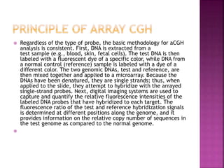  Regardless of the type of probe, the basic methodology for aCGH
analysis is consistent. First, DNA is extracted from a
test sample (e.g., blood, skin, fetal cells). The test DNA is then
labeled with a fluorescent dye of a specific color, while DNA from
a normal control (reference) sample is labeled with a dye of a
different color. The two genomic DNAs, test and reference, are
then mixed together and applied to a microarray. Because the
DNAs have been denatured, they are single strands; thus, when
applied to the slide, they attempt to hybridize with the arrayed
single-strand probes. Next, digital imaging systems are used to
capture and quantify the relative fluorescence intensities of the
labeled DNA probes that have hybridized to each target. The
fluorescence ratio of the test and reference hybridization signals
is determined at different positions along the genome, and it
provides information on the relative copy number of sequences in
the test genome as compared to the normal genome.

 