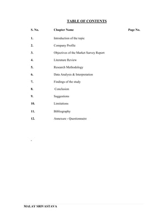 TABLE OF CONTENTS
S. No.

Chapter Name

1.

Introduction of the topic

2.

Company Profile

3.

Objectives of the Market Survey Report

4.

Literature Review

5.

Research Methodology

6.

Data Analysis & Interpretation

7.

Findings of the study

8.

Conclusion

9.

Suggestions

10.

Limitations

11.

Bibliography

12.

Annexure - Questionnaire

-

MALAY SRIVASTAVA

Page No.

 