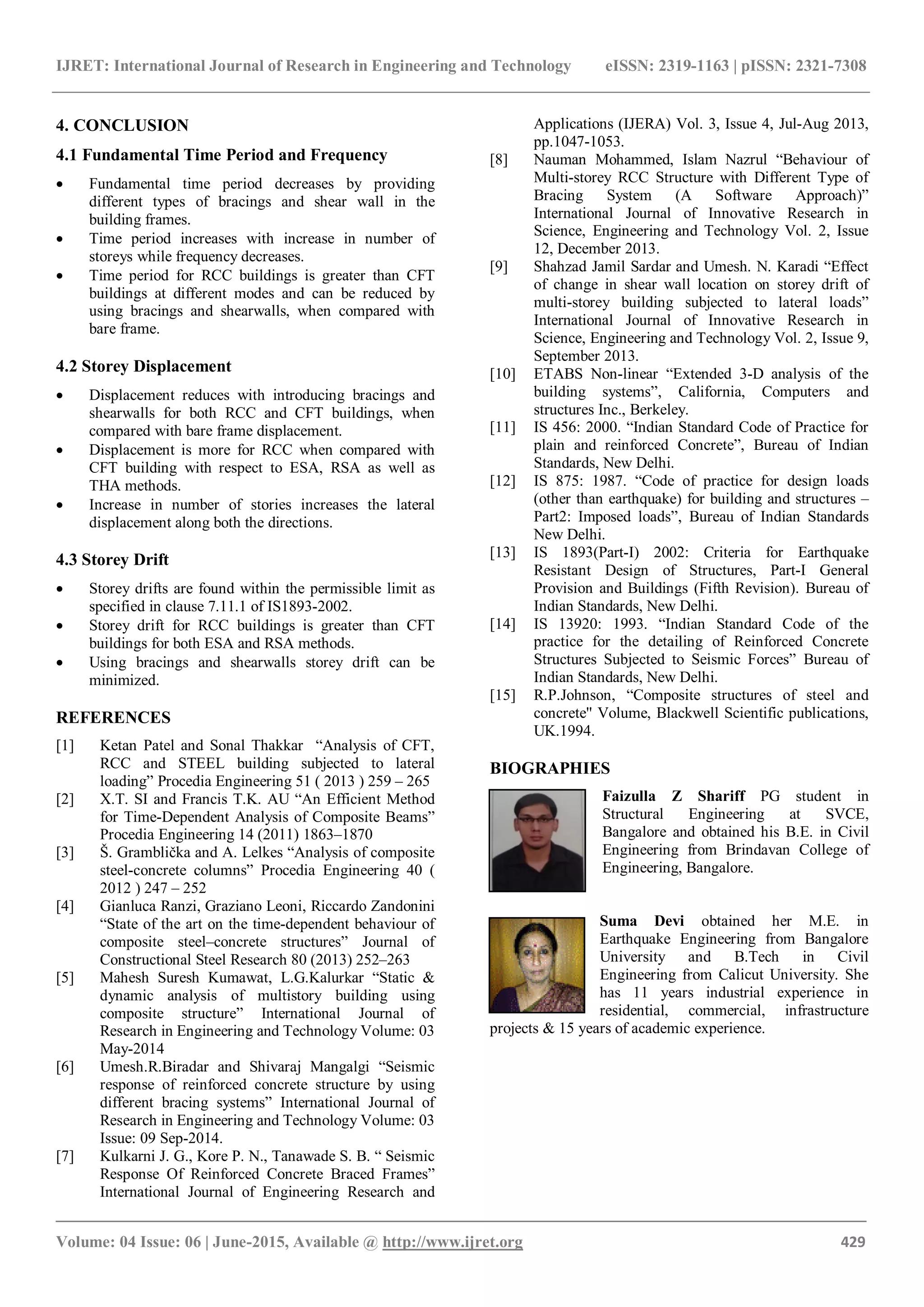 IJRET: International Journal of Research in Engineering and Technology eISSN: 2319-1163 | pISSN: 2321-7308
_______________________________________________________________________________________
Volume: 04 Issue: 06 | June-2015, Available @ http://www.ijret.org 429
4. CONCLUSION
4.1 Fundamental Time Period and Frequency
 Fundamental time period decreases by providing
different types of bracings and shear wall in the
building frames.
 Time period increases with increase in number of
storeys while frequency decreases.
 Time period for RCC buildings is greater than CFT
buildings at different modes and can be reduced by
using bracings and shearwalls, when compared with
bare frame.
4.2 Storey Displacement
 Displacement reduces with introducing bracings and
shearwalls for both RCC and CFT buildings, when
compared with bare frame displacement.
 Displacement is more for RCC when compared with
CFT building with respect to ESA, RSA as well as
THA methods.
 Increase in number of stories increases the lateral
displacement along both the directions.
4.3 Storey Drift
 Storey drifts are found within the permissible limit as
specified in clause 7.11.1 of IS1893-2002.
 Storey drift for RCC buildings is greater than CFT
buildings for both ESA and RSA methods.
 Using bracings and shearwalls storey drift can be
minimized.
REFERENCES
[1] Ketan Patel and Sonal Thakkar “Analysis of CFT,
RCC and STEEL building subjected to lateral
loading” Procedia Engineering 51 ( 2013 ) 259 – 265
[2] X.T. SI and Francis T.K. AU “An Efficient Method
for Time-Dependent Analysis of Composite Beams”
Procedia Engineering 14 (2011) 1863–1870
[3] Š. Gramblička and A. Lelkes “Analysis of composite
steel-concrete columns” Procedia Engineering 40 (
2012 ) 247 – 252
[4] Gianluca Ranzi, Graziano Leoni, Riccardo Zandonini
“State of the art on the time-dependent behaviour of
composite steel–concrete structures” Journal of
Constructional Steel Research 80 (2013) 252–263
[5] Mahesh Suresh Kumawat, L.G.Kalurkar “Static &
dynamic analysis of multistory building using
composite structure” International Journal of
Research in Engineering and Technology Volume: 03
May-2014
[6] Umesh.R.Biradar and Shivaraj Mangalgi “Seismic
response of reinforced concrete structure by using
different bracing systems” International Journal of
Research in Engineering and Technology Volume: 03
Issue: 09 Sep-2014.
[7] Kulkarni J. G., Kore P. N., Tanawade S. B. “ Seismic
Response Of Reinforced Concrete Braced Frames”
International Journal of Engineering Research and
Applications (IJERA) Vol. 3, Issue 4, Jul-Aug 2013,
pp.1047-1053.
[8] Nauman Mohammed, Islam Nazrul “Behaviour of
Multi-storey RCC Structure with Different Type of
Bracing System (A Software Approach)”
International Journal of Innovative Research in
Science, Engineering and Technology Vol. 2, Issue
12, December 2013.
[9] Shahzad Jamil Sardar and Umesh. N. Karadi “Effect
of change in shear wall location on storey drift of
multi-storey building subjected to lateral loads”
International Journal of Innovative Research in
Science, Engineering and Technology Vol. 2, Issue 9,
September 2013.
[10] ETABS Non-linear “Extended 3-D analysis of the
building systems”, California, Computers and
structures Inc., Berkeley.
[11] IS 456: 2000. “Indian Standard Code of Practice for
plain and reinforced Concrete”, Bureau of Indian
Standards, New Delhi.
[12] IS 875: 1987. “Code of practice for design loads
(other than earthquake) for building and structures –
Part2: Imposed loads”, Bureau of Indian Standards
New Delhi.
[13] IS 1893(Part-I) 2002: Criteria for Earthquake
Resistant Design of Structures, Part-I General
Provision and Buildings (Fifth Revision). Bureau of
Indian Standards, New Delhi.
[14] IS 13920: 1993. “Indian Standard Code of the
practice for the detailing of Reinforced Concrete
Structures Subjected to Seismic Forces” Bureau of
Indian Standards, New Delhi.
[15] R.P.Johnson, “Composite structures of steel and
concrete'' Volume, Blackwell Scientific publications,
UK.1994.
BIOGRAPHIES
Faizulla Z Shariff PG student in
Structural Engineering at SVCE,
Bangalore and obtained his B.E. in Civil
Engineering from Brindavan College of
Engineering, Bangalore.
Suma Devi obtained her M.E. in
Earthquake Engineering from Bangalore
University and B.Tech in Civil
Engineering from Calicut University. She
has 11 years industrial experience in
residential, commercial, infrastructure
projects & 15 years of academic experience.
 