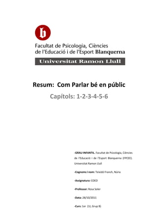 Resum: Com Parlar bé en públic
     Capítols: 1-2-3-4-5-6




             -GRAU INFANTIL. Facultat de Psicologia, Ciències
             de l'Educació i de l'Esport Blanquerna (FPCEE).
             Universitat Ramon Llull

             -Cognoms i nom: Teixidó Franch, Núria

             -Assignatura: COED

             -Professor: Rosa Soler

             -Data: 28/10/2011

             -Curs: 1er (1J, Grup B)

             -Torn: Matí
 