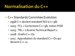  C++ Standards Commitee Evolution
 1998 C++ devient standard ISO (c++ 98)
 2003 :TC1 = Corrections C++ 98, notion POD
 2005 :TR1 = LibrairieTechnical Report 1
 2008 : Drafts C++ Ox
 2011 : Approbation du standard C++ Ox qui
devient C++ 11
 