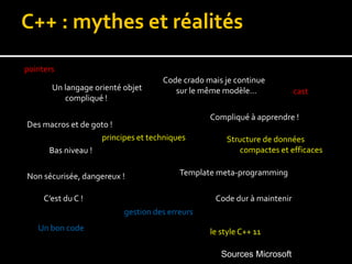Template meta-programming
Des macros et de goto !
C’est du C !
Un langage orienté objet
compliqué !
Bas niveau !
Non sécurisée, dangereux !
Code dur à maintenir
Code crado mais je continue
sur le même modèle…
Compliqué à apprendre !
cast
pointers
Un bon code
principes et techniques Structure de données
compactes et efficaces
le style C++ 11
gestion des erreurs
C++ : mythes et réalités
Sources Microsoft
 