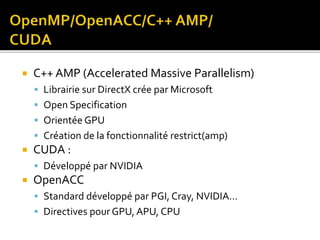  C++ AMP (Accelerated Massive Parallelism)
 Librairie sur DirectX crée par Microsoft
 Open Specification
 Orientée GPU
 Création de la fonctionnalité restrict(amp)
 CUDA :
 Développé par NVIDIA
 OpenACC
 Standard développé par PGI, Cray, NVIDIA…
 Directives pour GPU, APU, CPU
 