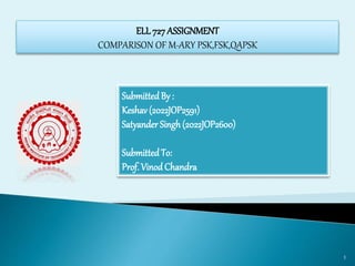 ELL 727 ASSIGNMENT
COMPARISON OF M-ARY PSK,FSK,QAPSK
1
SubmittedBy :
Keshav (2022JOP2591)
Satyander Singh(2022JOP2600)
SubmittedTo:
Prof. Vinod Chandra
 