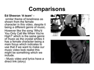 Comparisons 
Ed Sheeran ‘A team’ – 
similar theme of loneliness as 
shown from the female 
character in this video, despite it 
being a different genre of music. 
However like the song ‘Why'd 
You Only Call Me When You're 
High?’ which is the same genre 
of music as the crystal whites it 
has a female character being a 
main focus which indicates to 
use that if we want to make our 
music video look realist this 
might be something which we 
include. 
- Music video and lyrics have a 
direct link (story) 
 