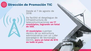 Dirección de Promoción TIC
Desde el 7 de agosto de
2018:
 
Se facilitó el despliegue de
infraestructura de
telecomunicaciones en 17
municipios, logrando un total
de 568.
 
41 municipios cuentan
dentro de su estructura
administrativa con un Líder
estratégico de tecnología
(GCIO), para un total de 870
en todo el país.
 