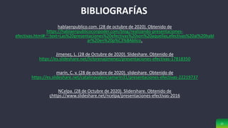 11
BIBLIOGRAFÍAS
hablaenpublico.com. (28 de octubre de 2020). Obtenido de
https://hablaenpublicoconpoder.com/blog/realizando-presentaciones-
efectivas.html#:~:text=Las%20presentaciones%20efectivas%20son%20aquellas,efectivas%20al%20habl
ar%20en%20p%C3%BAblico.
Jimenez, L. (28 de Octubre de 2020). Slideshare. Obtenido de
https://es.slideshare.net/liclorenajimenez/presentaciones-efectivas-17818350
marín, C. v. (28 de octubre de 2020). slideshare. Obtenido de
https://es.slideshare.net/catalinavalenciamarin31/presentaciones-efectivas-22219737
NCelpa. (28 de Octubre de 2020). Slidershare. Obtenido de
çhttps://www.slideshare.net/ncelpa/presentaciones-efectivas-2016
 
