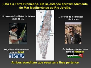 Ambos acreditam que essa terra  lhes  pertence. Esta é a Terra Prometida. Ela se estende aproximadamente do Mar Mediterrâneo ao Rio Jordão. Mediterranean sea Jordan River Há cerca de 5 milhões de judeus vivendo lá... Os judeus chamam essa terra de  Israel Os árabes chamam essa terra de  Palestina … e cerca de 4,5 milhões  de árabes. 