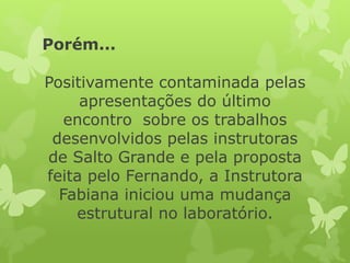 Porém... 
Positivamente contaminada pelas apresentações do último encontro sobre os trabalhos desenvolvidos pelas instrutoras de Salto Grande e pela proposta feita pelo Fernando, a Instrutora Fabiana iniciou uma mudança estrutural no laboratório.  
