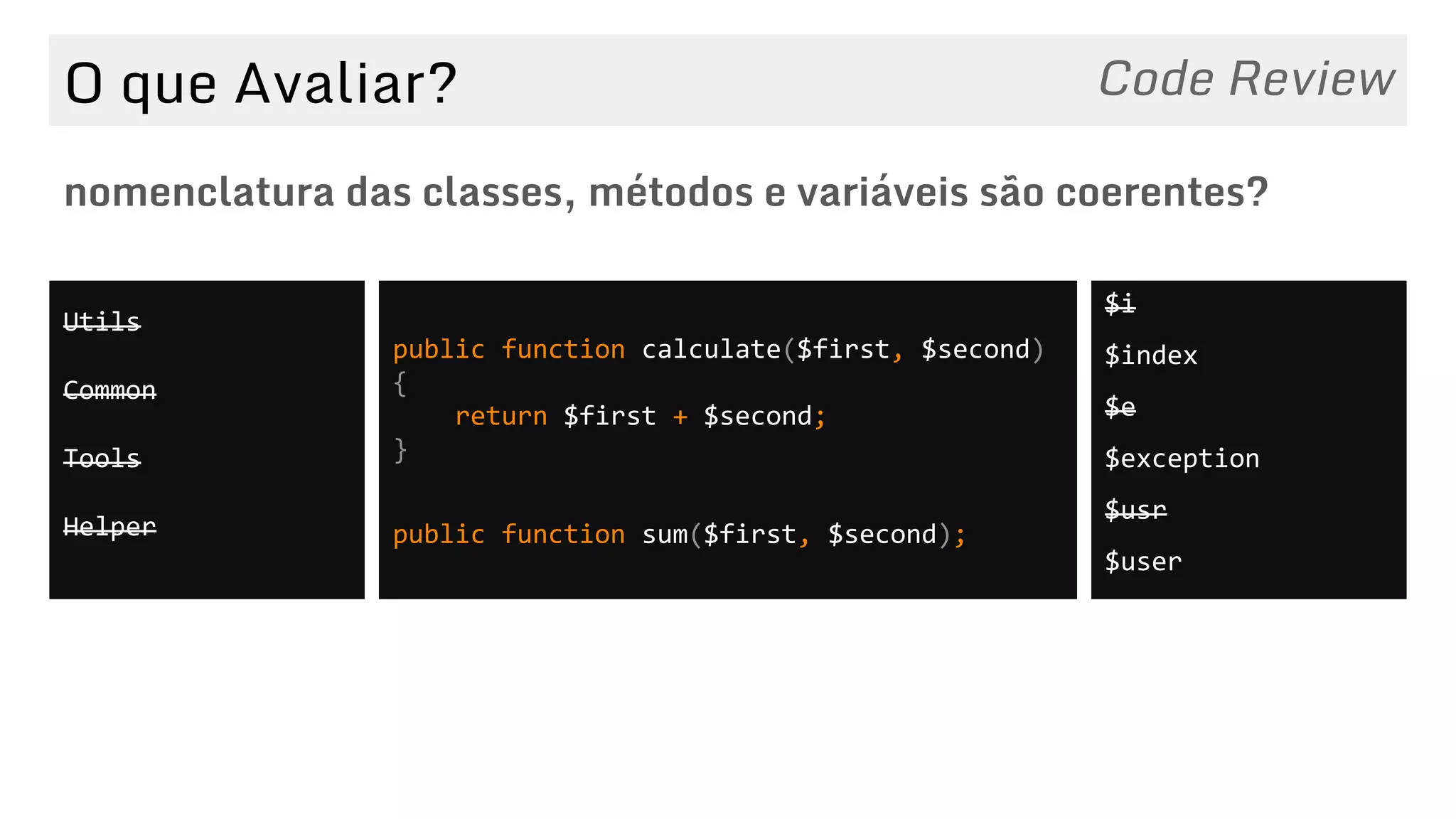 O que Avaliar?
nomenclatura das classes, métodos e variáveis são coerentes?
Code Review
public function calculate($first, $second)
{
return $first + $second;
}
public function sum($first, $second);
$i
$index
$e
$exception
$usr
$user
Utils
Common
Tools
Helper
 