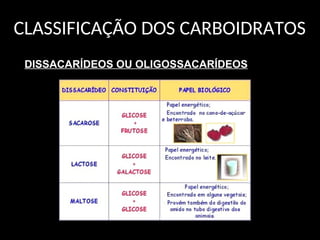 CLASSIFICAÇÃO DOS CARBOIDRATOS
DISSACARÍDEOS OU OLIGOSSACARÍDEOS
 