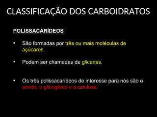 CLASSIFICAÇÃO DOS CARBOIDRATOS
POLISSACARÍDEOS
• São formadas por três ou mais moléculas de
açúcares.
• Podem ser chamadas de glicanas.
• Os três polissacarídeos de interesse para nós são o
amido, o glicogênio e a celulose.
 