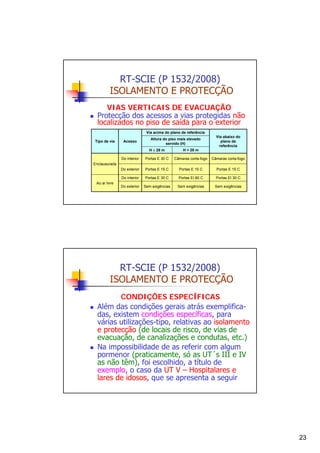 RT-SCIE (P 1532/2008)
ISOLAMENTO E PROTECÇÃO
VIAS VERTICAIS DE EVACUAÇÃO
Protecção dos acessos a vias protegidas não
localizados no piso de saída para o exterior
Via acima do plano de referência
Tipo de via

Acesso

Altura do piso mais elevado
servido (H)

Via abaixo do
plano de
referência

H ≤ 28 m

H > 28 m

Do interior

Portas E 30 C

Câmaras corta-fogo

Câmaras corta-fogo

Do exterior

Portas E 15 C

Portas E 15 C

Portas E 15 C

Do interior

Portas E 30 C

Portas EI 60 C

Portas EI 30 C

Do exterior

Sem exigências

Sem exigências

Sem exigências

Enclausurada

Ao ar livre

RT-SCIE (P 1532/2008)
ISOLAMENTO E PROTECÇÃO
CONDIÇÕES ESPECÍFICAS
Além das condições gerais atrás exemplificadas, existem condições específicas, para
várias utilizações-tipo, relativas ao isolamento
e protecção (de locais de risco, de vias de
evacuação, de canalizações e condutas, etc.)
Na impossibilidade de as referir com algum
pormenor (praticamente, só as UT´s III e IV
as não têm), foi escolhido, a título de
exemplo, o caso da UT V – Hospitalares e
lares de idosos, que se apresenta a seguir

23

 