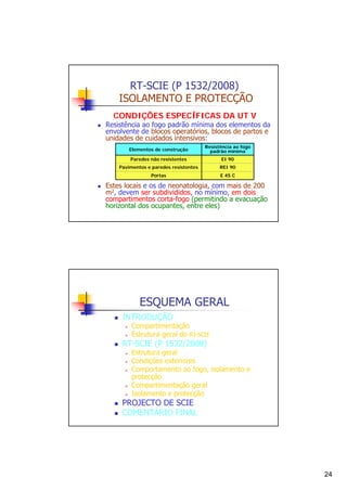 RT-SCIE (P 1532/2008)
ISOLAMENTO E PROTECÇÃO
CONDIÇÕES ESPECÍFICAS DA UT V

Resistência ao fogo padrão mínima dos elementos da
envolvente de blocos operatórios, blocos de partos e
unidades de cuidados intensivos:
Elementos de construção

Resistência ao fogo
padrão mínima

Paredes não resistentes

EI 90

Pavimentos e paredes resistentes

REI 90

Portas

E 45 C

Estes locais e os de neonatologia, com mais de 200
m2, devem ser subdivididos, no mínimo, em dois
compartimentos corta-fogo (permitindo a evacuação
horizontal dos ocupantes, entre eles)

ESQUEMA GERAL
INTRODUÇÃO

Compartimentação
Estrutura geral do RJ-SCIE

RT-SCIE (P 1532/2008)

Estrutura geral
Condições exteriores
Comportamento ao fogo, isolamento e
protecção
Compartimentação geral
Isolamento e protecção

PROJECTO DE SCIE
COMENTÁRIO FINAL

24

 