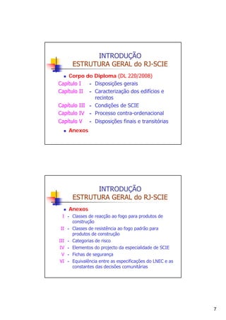 INTRODUÇÃO
ESTRUTURA GERAL do RJ-SCIE
Corpo do Diploma (DL 220/2008)
- Disposições gerais
Capítulo I
Capítulo II - Caracterização dos edifícios e
recintos
Capítulo III - Condições de SCIE
Capítulo IV - Processo contra-ordenacional
Capítulo V

- Disposições finais e transitórias

Anexos

INTRODUÇÃO
ESTRUTURA GERAL do RJ-SCIE
Anexos
I - Classes de reacção ao fogo para produtos de
construção
II - Classes de resistência ao fogo padrão para
produtos de construção
III - Categorias de risco
IV - Elementos do projecto da especialidade de SCIE
V - Fichas de segurança
VI - Equivalência entre as especificações do LNEC e as
constantes das decisões comunitárias

7

 