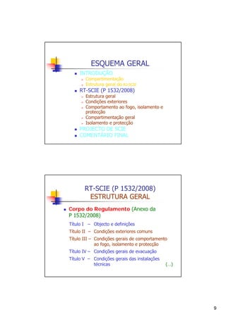 ESQUEMA GERAL
INTRODUÇÃO

Compartimentação
Estrutura geral do RJ-SCIE

RT-SCIE (P 1532/2008)

Estrutura geral
Condições exteriores
Comportamento ao fogo, isolamento e
protecção
Compartimentação geral
Isolamento e protecção

PROJECTO DE SCIE
COMENTÁRIO FINAL

RT-SCIE (P 1532/2008)
ESTRUTURA GERAL
Corpo do Regulamento (Anexo da
P 1532/2008)
Título I – Objecto e definições
Título II – Condições exteriores comuns
Título III – Condições gerais de comportamento
ao fogo, isolamento e protecção
Título IV – Condições gerais de evacuação
Título V – Condições gerais das instalações
técnicas

(…)

9

 