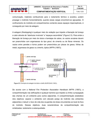 UNINOVE – Engenharia de Segurança e Trabalho
Trabalho – Seminário

Rev. A
17/09/2009

COMPARTIMENTAÇÃO VERTICAL

Folha 12/25

comunicação, materiais combustíveis para o isolamento térmico e acústico, podem
propagar o incêndio horizontalmente, quando essas cargas encontram-se agrupadas. O
confinamento do incêndio em compartimentos contendo esses espaços imperceptíveis, é
conseguido por meio da selagem.

A selagem (firestopping) é qualquer meio de vedação que impede a liberação de fumaça
e calor através de “aberturas invisíveis” e “espaços escondidos” (Figura 2.3). Para evitar a
liberação de fumaça por meio de dutos e bandejas de cabos, os vazios anulares devem
ser preenchidos com argamassas do tipo grout, de cimento ou de fibras minerais. Os
vazios entre paredes e forros podem ser preenchidos por placas de gesso, folhas de
metal, argamassa de gesso ou cimento, tijolos (NFPA (1997)).

De acordo com a National Fire Protection Association Handbook (NFPA (1997)), a
compartimentação nas edificações é qualquer barreira que impede ou limita a propagação
das chamas de um ambiente para outros adjacentes. A compartimentação estabelece
dois objetivos: separar o ambiente com elevado perigo de incêndio dos ambientes
adjacentes e reduzir o risco de vida dos ocupantes de áreas circundantes ao local do foco
do incêndio. Desses

objetivos, duas características

da compartimentação são

sintetizadas: isolamento e estanqueidade.

Elaborado por:
Grupo 7

Analisado por:
Marcelo Gandra Falcone

Professor :
João Carlos

QUANDO IMPRESSO CONSIDERAR COLA - CÓPIA NÃO AUTORIZADA

 