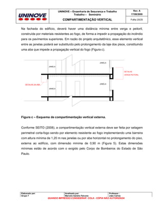 UNINOVE – Engenharia de Segurança e Trabalho
Trabalho – Seminário

Rev. A
17/09/2009

COMPARTIMENTAÇÃO VERTICAL

Folha 20/25

Na fachada do edifício, deverá haver uma distância mínima entre verga e peitoril,
construída por materiais resistentes ao fogo, de forma a impedir a propagação do incêndio
para os pavimentos superiores. Em razão do projeto arquitetônico, esse elemento vertical
entre as janelas poderá ser substituído pelo prolongamento da laje dos pisos, constituindo
uma aba que impede a propagação vertical do fogo (Figura c).

JANELA
JANELA
DETALHE
VERGA PEITORIL

JANELA

DETALHE DA ABA
JANELA

Figura c – Esquema de compartimentação vertical externa.

Conforme SEITO (2008), a compartimentação vertical externa deve ser feita por selagem
perimetral corta-fogo sendo por elemento resistente ao fogo implementando uma barreira
com altura mínima de 1,20 m nas janelas ou por aba horizontal no prolongamento do piso,
externa ao edifício, com dimensão mínima de 0,90 m (Figura 5). Estas dimensões
mínimas estão de acordo com o exigido pelo Corpo de Bombeiros do Estado de São
Paulo.

Elaborado por:
Grupo 7

Analisado por:
Marcelo Gandra Falcone

Professor :
João Carlos

QUANDO IMPRESSO CONSIDERAR COLA - CÓPIA NÃO AUTORIZADA

 