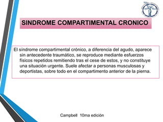 El síndrome compartimental crónico, a diferencia del agudo, aparece
sin antecedente traumático, se reproduce mediante esfuerzos
físicos repetidos remitiendo tras el cese de estos, y no constituye
una situación urgente. Suele afectar a personas musculosas y
deportistas, sobre todo en el compartimento anterior de la pierna.
SINDROME COMPARTIMENTAL CRONICO
Campbell 10ma edición
 
