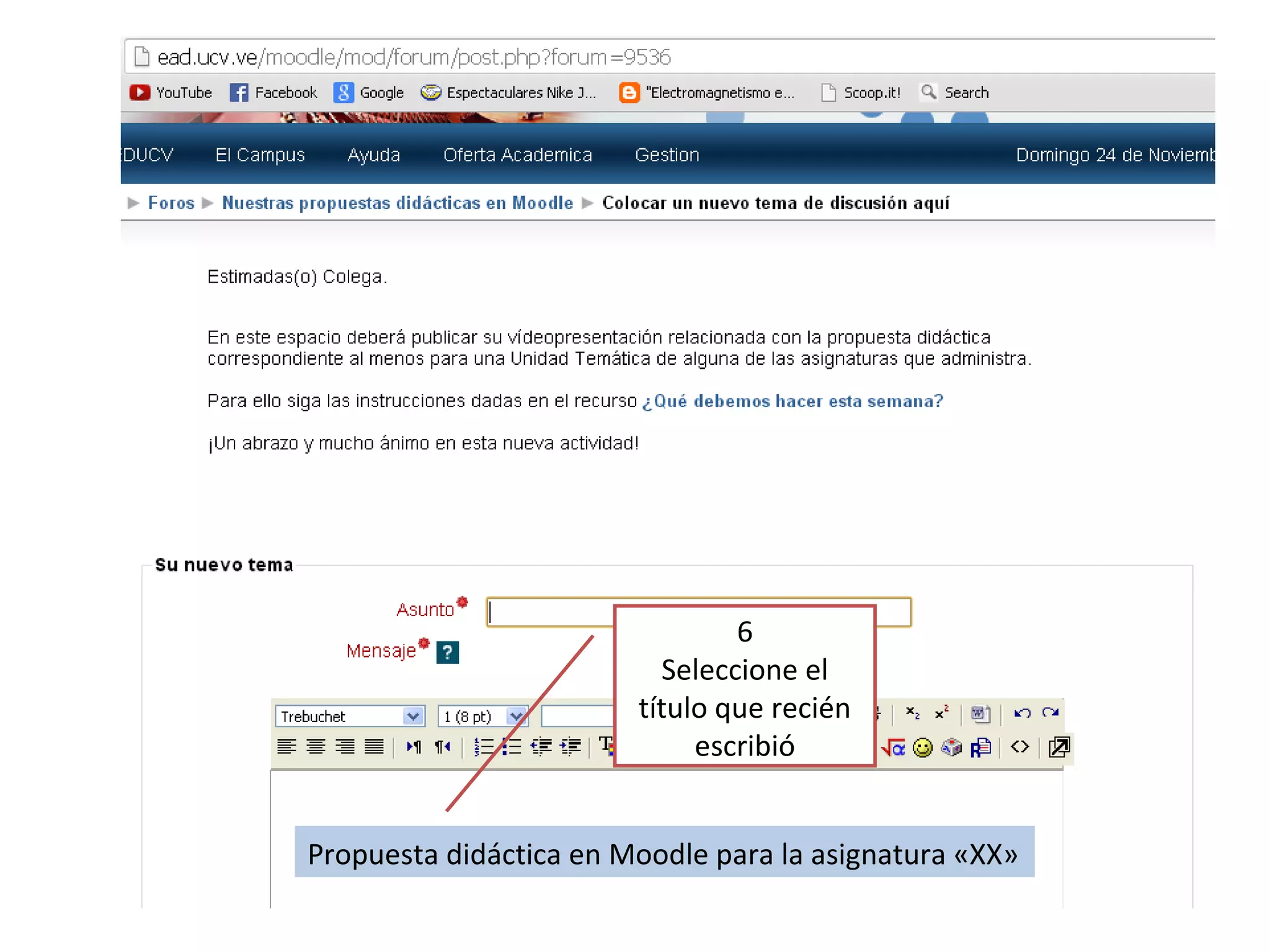 6
Seleccione el
título que recién
escribió
Propuesta didáctica en Moodle para la asignatura «XX»