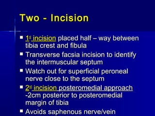 Two - IncisionTwo - Incision
 11stst
incisionincision placed half – way betweenplaced half – way between
tibia crest and fibulatibia crest and fibula
 Transverse facsia incision to identifyTransverse facsia incision to identify
the intermuscular septumthe intermuscular septum
 Watch out for superficial peronealWatch out for superficial peroneal
nerve close to the septumnerve close to the septum
 22ndnd
incisionincision posteromedial approachposteromedial approach
-2cm posterior to posteromedial-2cm posterior to posteromedial
margin of tibiamargin of tibia
 Avoids saphenous nerve/veinAvoids saphenous nerve/vein
 