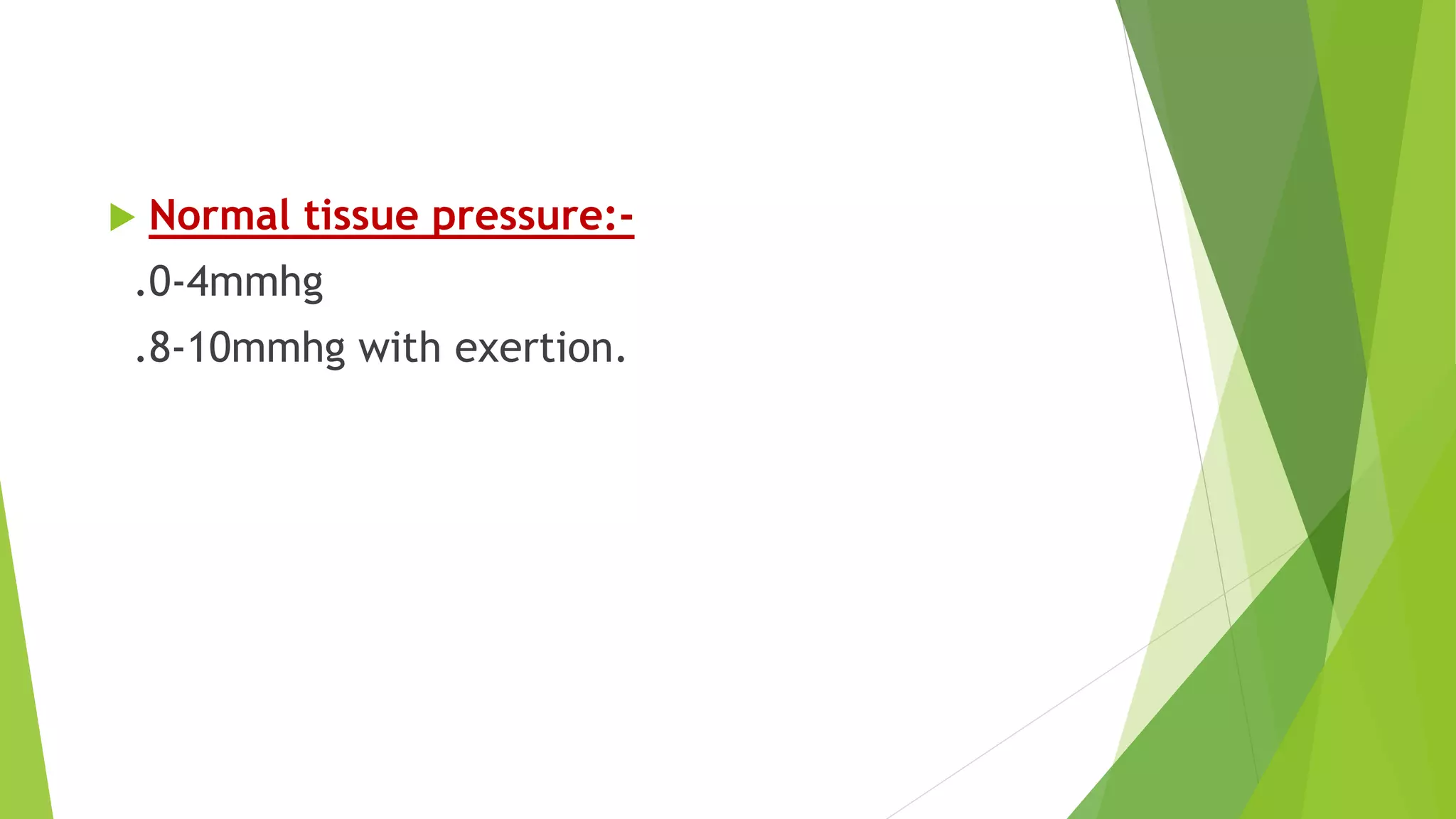  Normal tissue pressure:-
.0-4mmhg
.8-10mmhg with exertion.
 