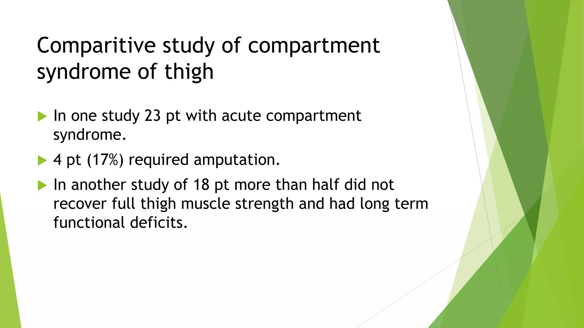 Comparitive study of compartment
syndrome of thigh
 In one study 23 pt with acute compartment
syndrome.
 4 pt (17%) required amputation.
 In another study of 18 pt more than half did not
recover full thigh muscle strength and had long term
functional deficits.
 