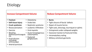 Etiology
Increase Compartment Volume
• Fracture
• Soft tissue injury
• Crush syndrome
• Revascularization
• Exercise
• Bleeding
diathesis/anticoagula
nts
• Fluid infusion
(including
arthroscopy)
• Arterial puncture
• Osteotomy
• Snake bite
• Nephrotic syndrome
• Leukemic infiltration
• Viral myositis
• Acute hematogenous
osteomyelitis
• Ruptured
ganglia/cysts
Reduce Compartment Volume
• Burns
• Tight closure of fascial defects
• Repair of muscle hernia
• Tight casts, dressings, tourniquet or splints
• Entrapment under collapsed weights
• Excessive traction to fractured limbs
• Intramedullary nailing
• Military antishock garments
 