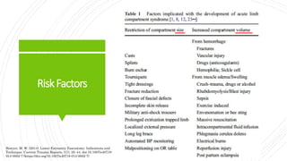 RiskFactors
Bowyer, M. W. (2014). Lower Extremity Fasciotomy: Indications and
Technique. Current Trauma Reports, 1(1), 35–44. doi:10.1007/s40719-
014-0002-7 (https://doi.org/10.1007/s40719-014-0002-7)
 