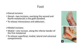 Foot
Dorsal incisions
• Dorsal—two incisions, overlying the second and
fourth metatarsals is the gold standard.
• To release interosseous and adductors.
Medial incisions
• Medial—one incision, along the inferior border of
the first metatarsal
• To release superficial, medial, lateral and calcaneal
compartments
 
