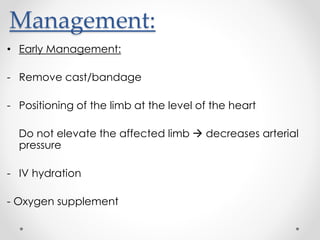 Management:
• Early Management:
- Remove cast/bandage
- Positioning of the limb at the level of the heart
Do not elevate the affected limb  decreases arterial
pressure
- IV hydration
- Oxygen supplement
 